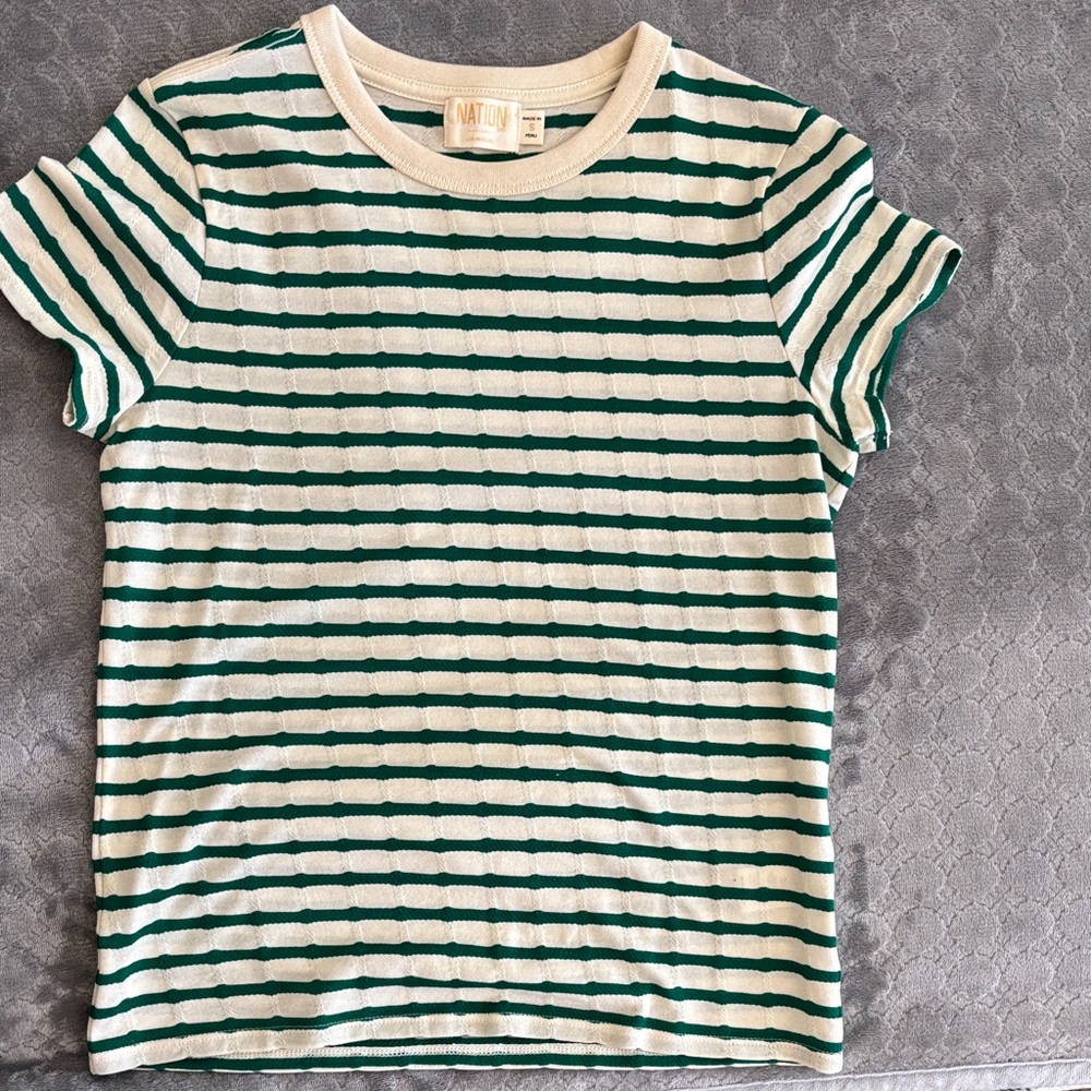 Nation LTD Striped Tee in Forest Green and Cream